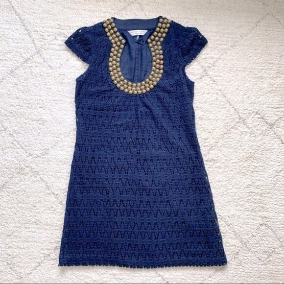 Trina Turk Navy Crochet Mini Dress with Embellished Collar Size 8 - Picture 8 of 8